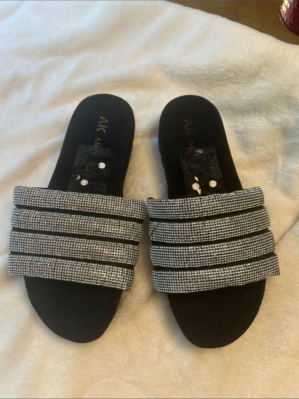 Anne Klein Black Slide Sandals with Silver Crystal Straps